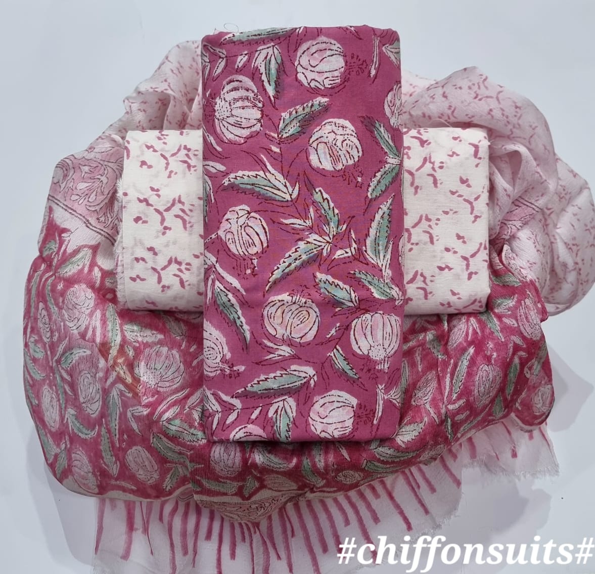 Hand Block Printed Cotton Suit with Chiffon Dupatta (CSCF017)