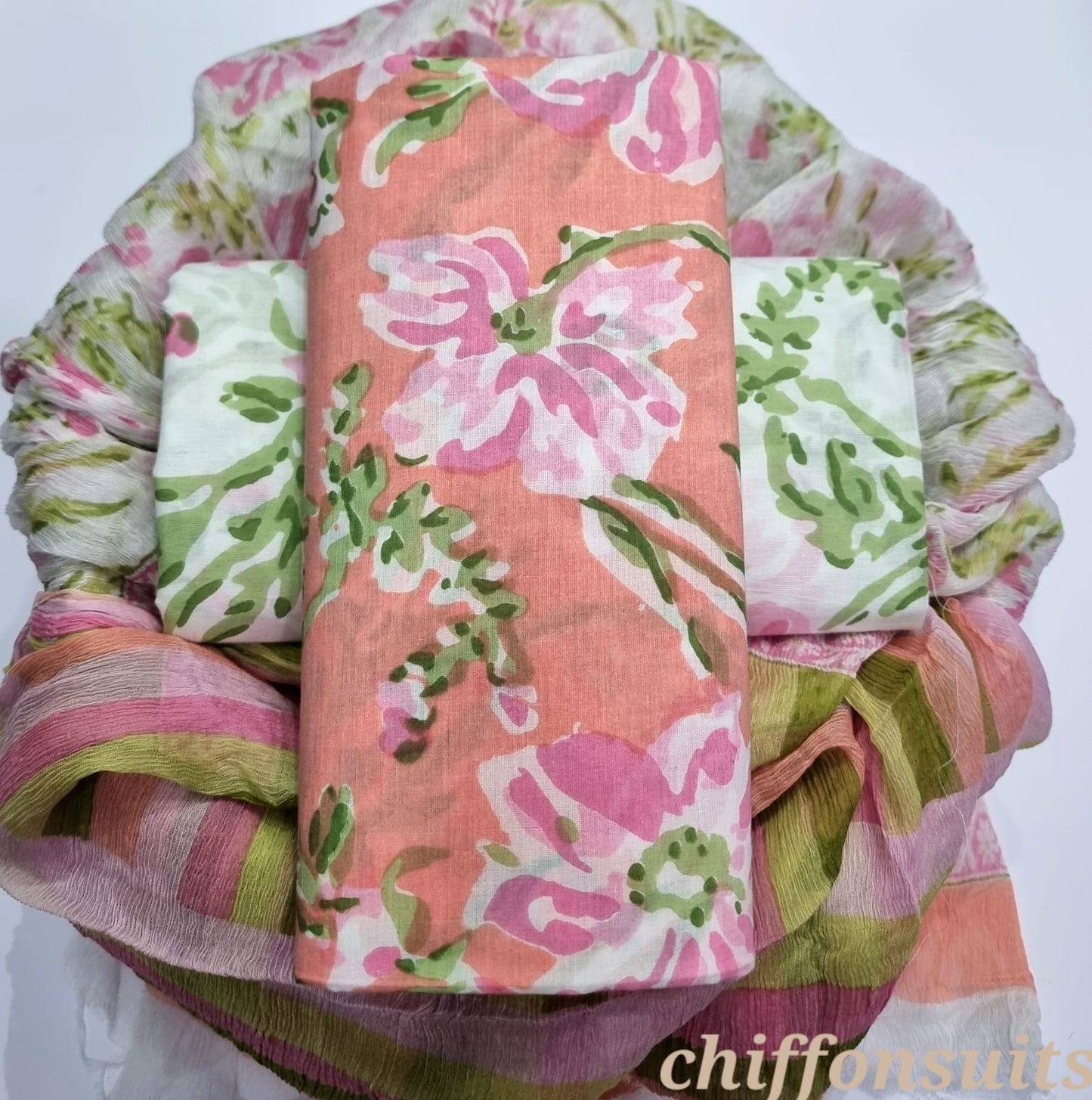 Hand Block Printed Cotton Suit with Chiffon Dupatta (CSCF013)