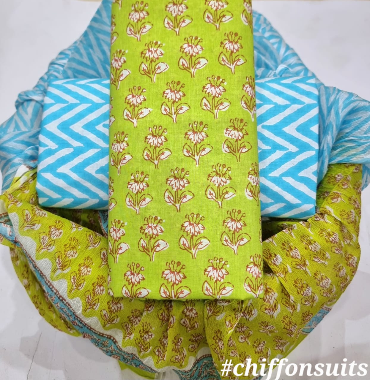 Hand Block Printed Cotton Suit with Chiffon Dupatta (CSCF007)