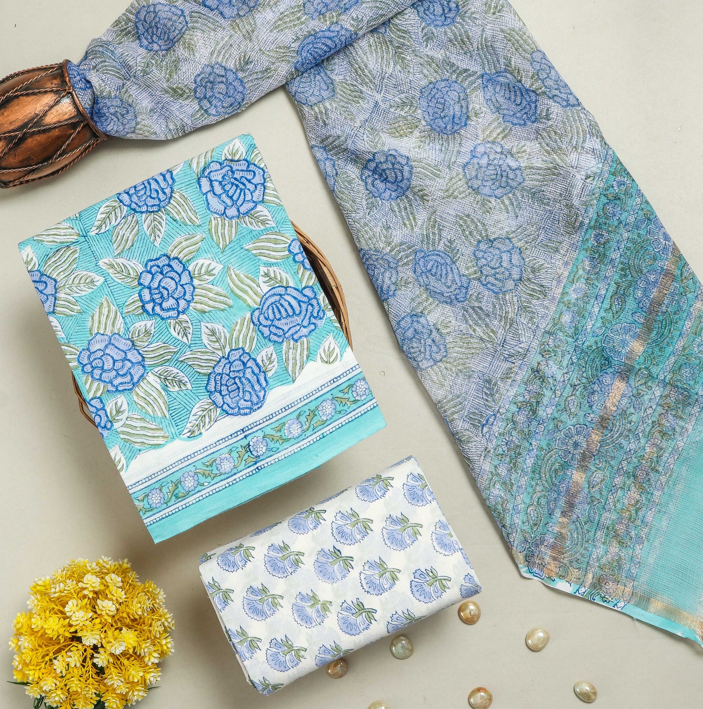 Premium Hand-Block Printed Cotton Suit Set with Kota Doria Dupatta (KDD011)