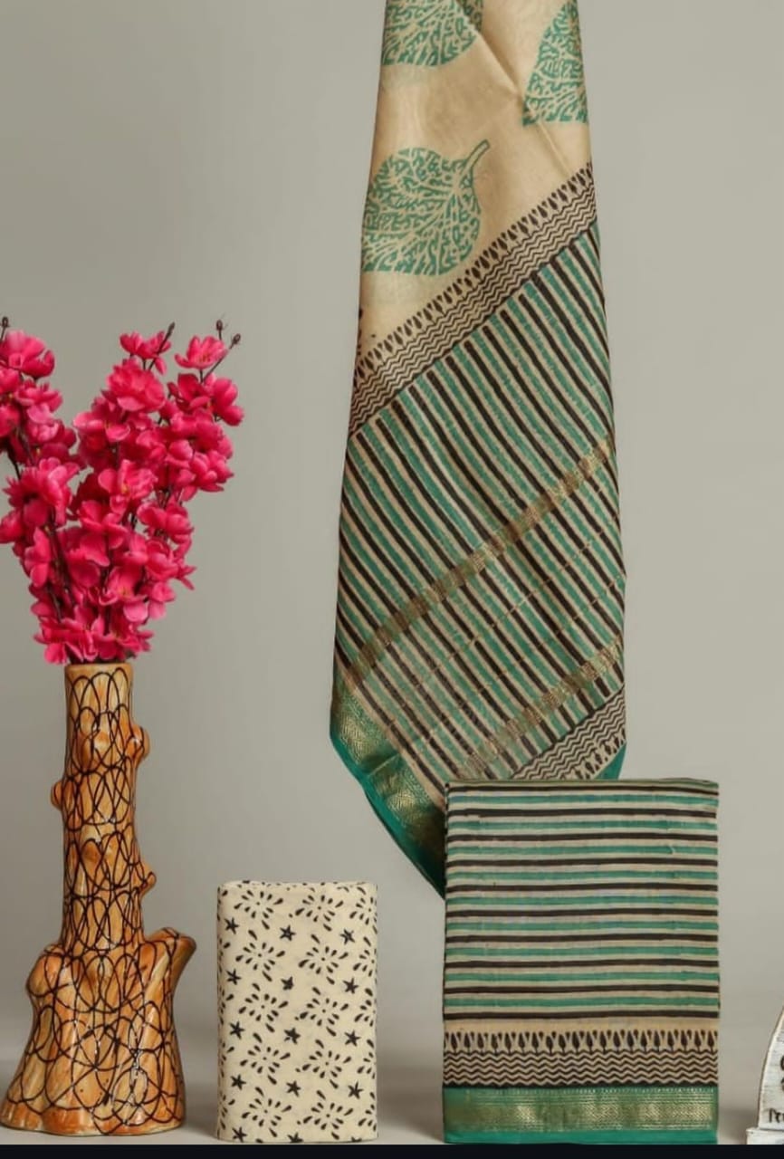 Designer Hand Block Print Maheshwari Silk Suit Set (MSS0034)