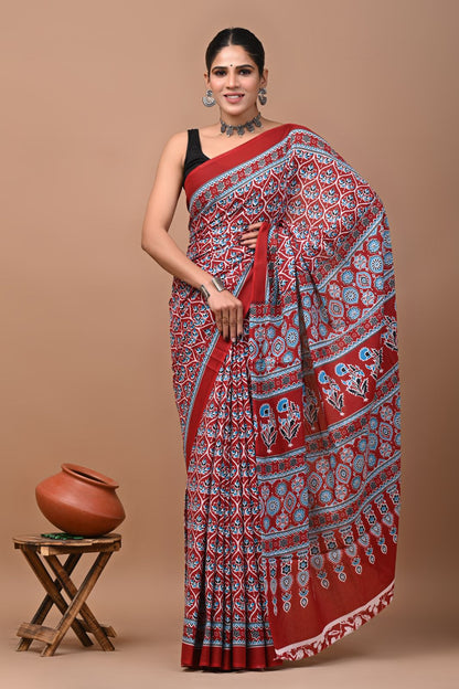 Bagru Block Print Cotton Mulmul Sarees With Running Blouse (CMS002)