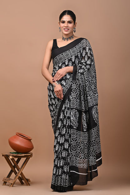 Bagru Block Print Cotton Mulmul Sarees With Running Blouse (CMS003)