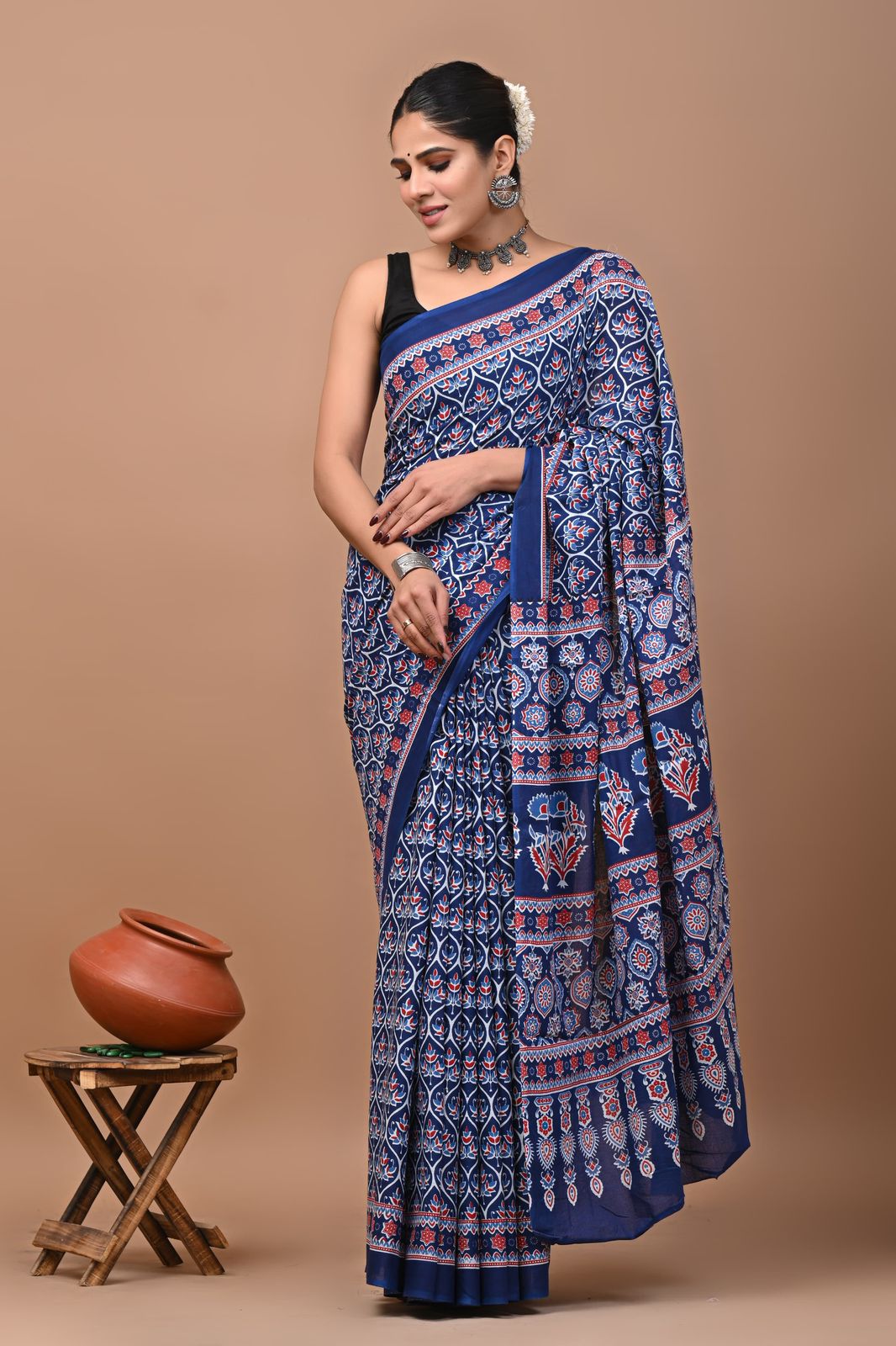 Bagru Block Print Cotton Mulmul Sarees With Running Blouse (CMS004)