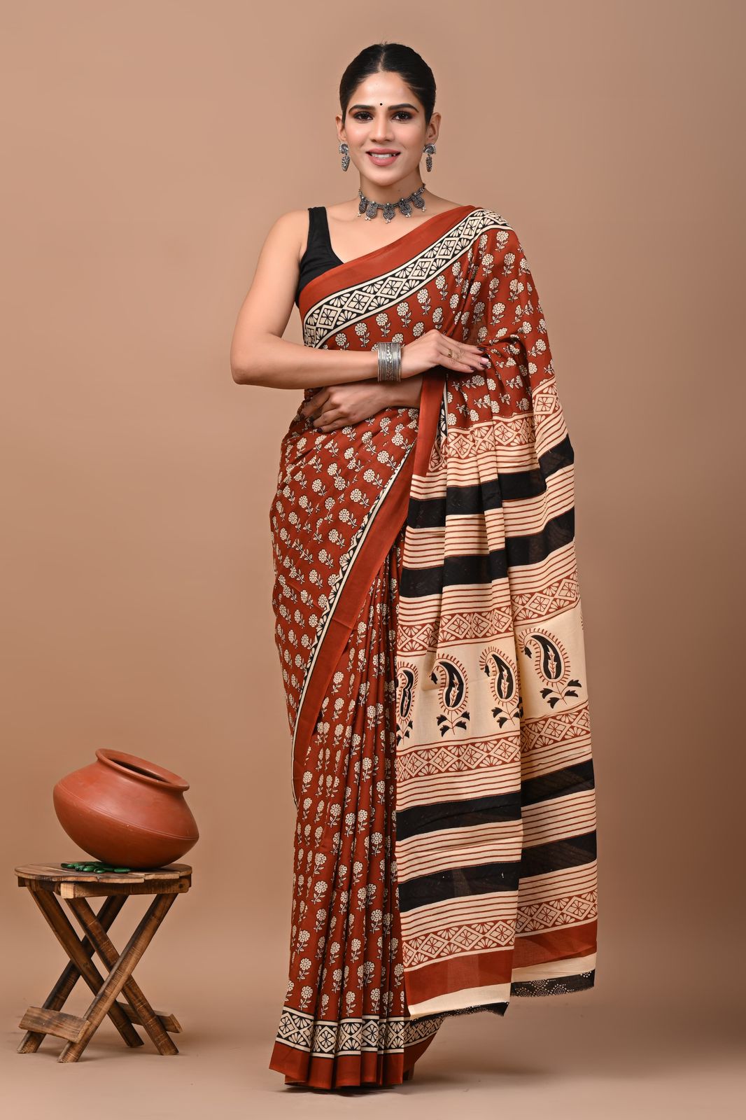 Bagru Block Print Cotton Mulmul Sarees With Running Blouse (CMS007)