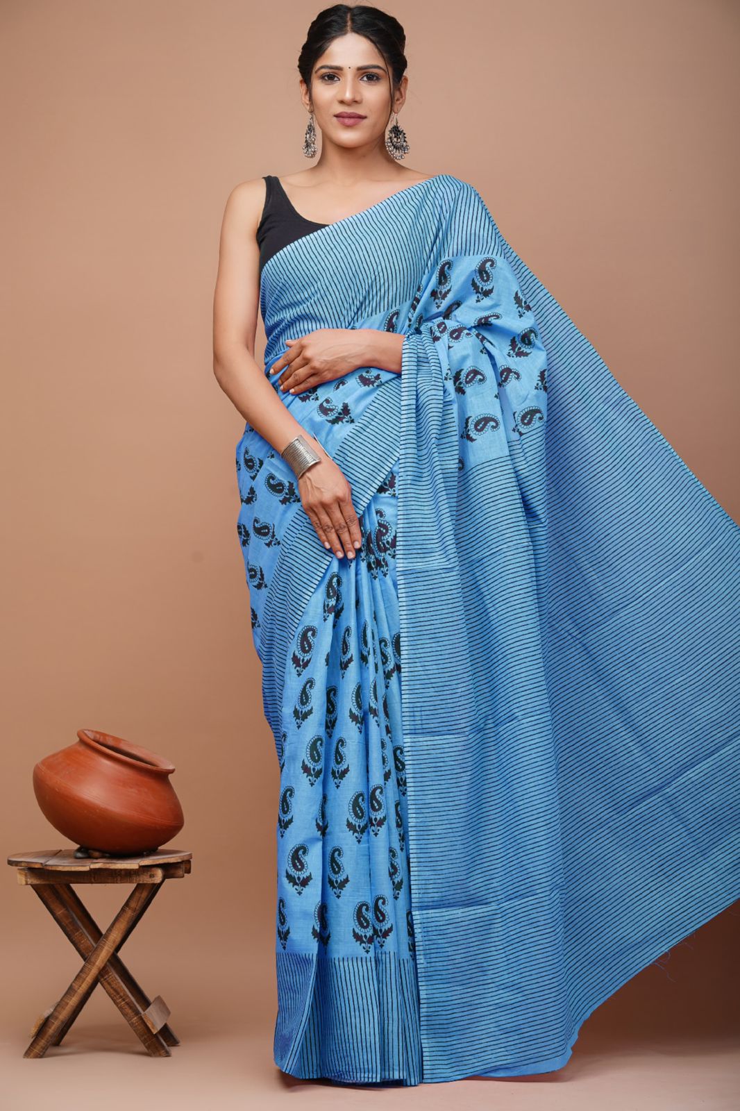 Bagru Block Print Cotton Mulmul Sarees With Running Blouse (CMS009)