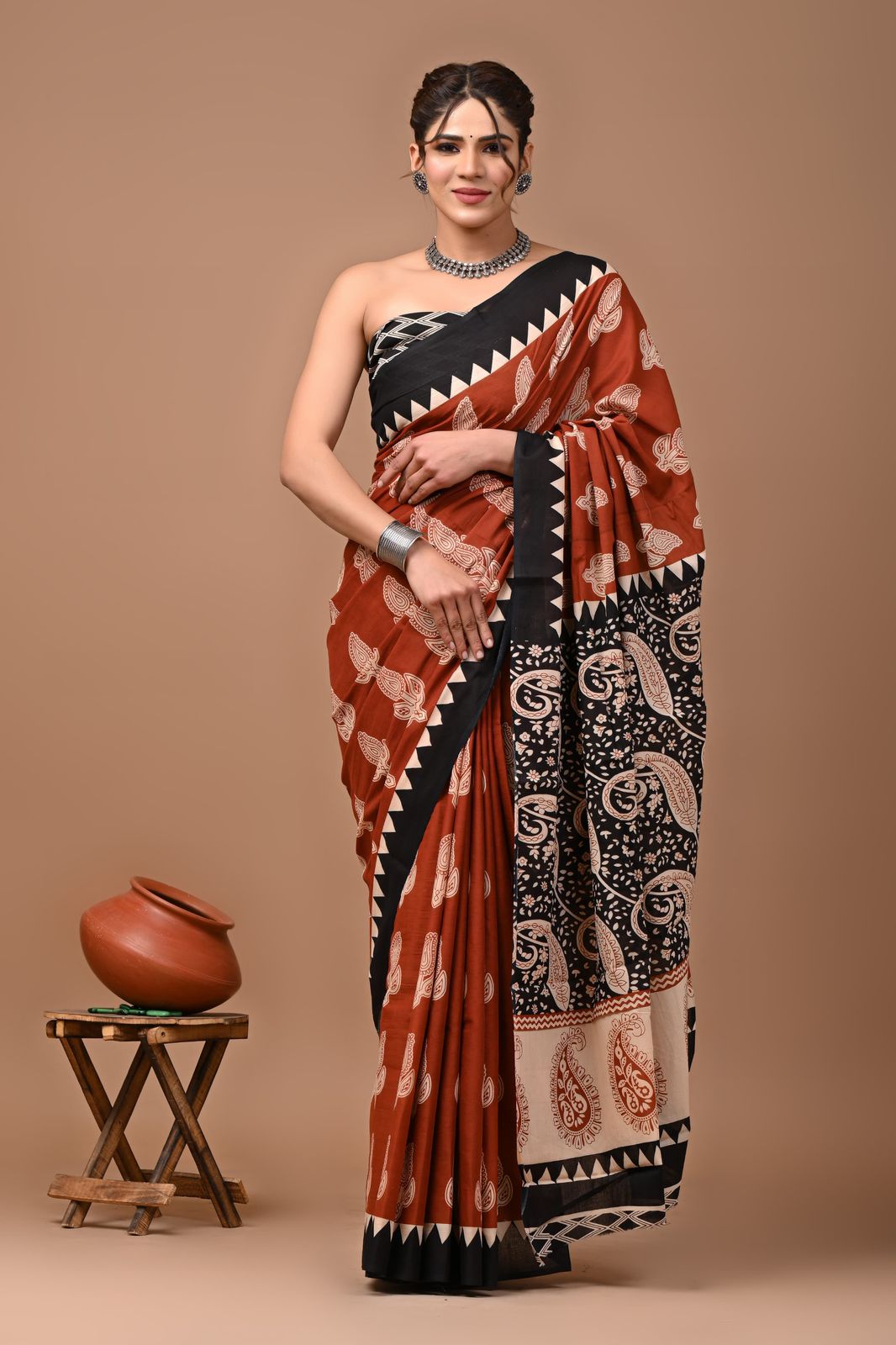 Bagru Block Print Cotton Mulmul Sarees With Running Blouse (CMS0010)