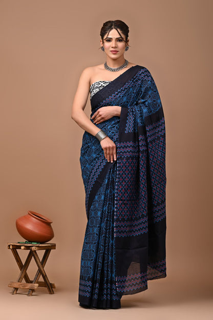 Bagru Block Print Cotton Mulmul Sarees With Running Blouse (CMS0011)