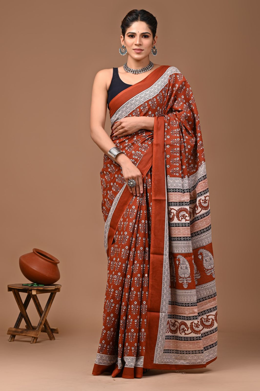 Bagru Block Print Cotton Mulmul Sarees With Running Blouse (CMS0012)