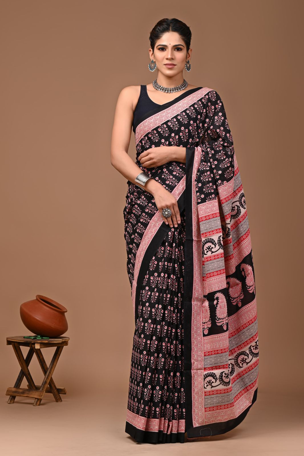 Bagru Block Print Cotton Mulmul Sarees With Running Blouse (CMS0013)