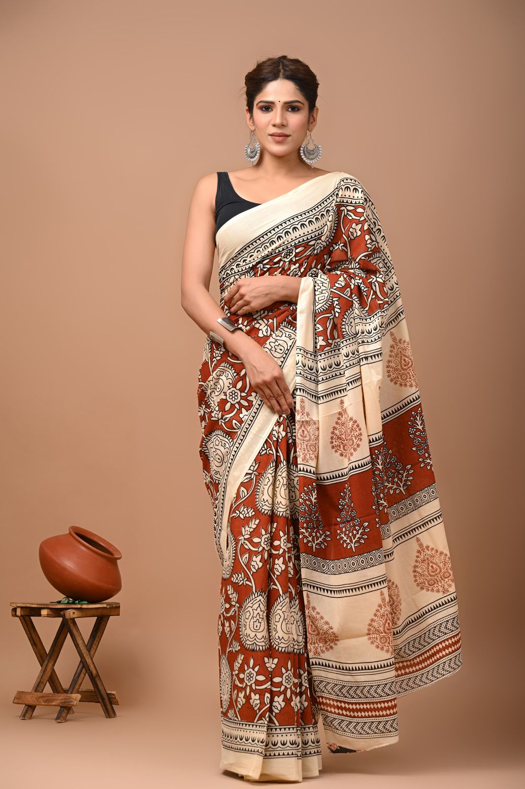 Bagru Block Print Cotton Mulmul Sarees With Running Blouse (CMS0014)