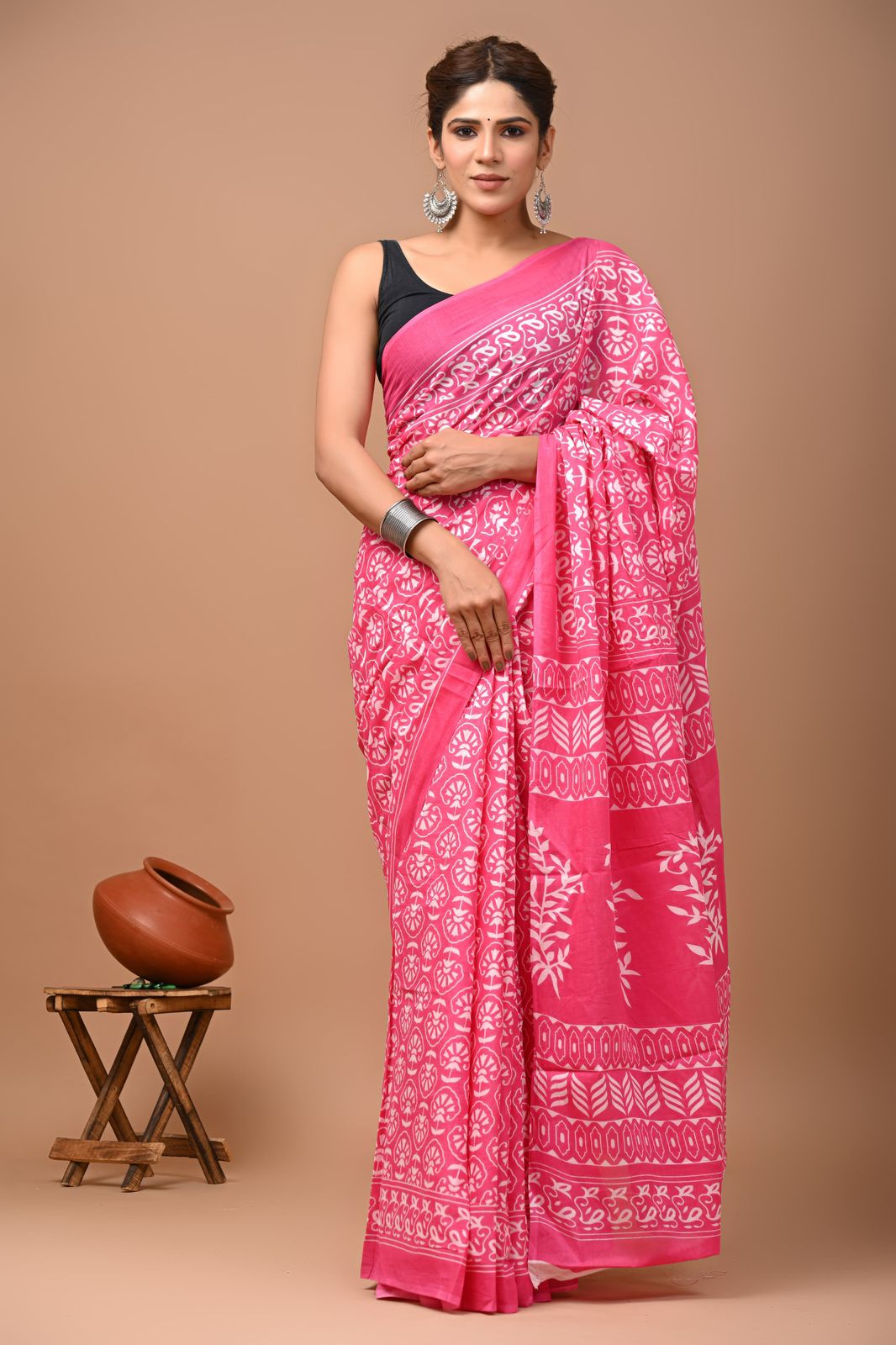 Bagru Block Print Cotton Mulmul Sarees With Running Blouse (CMS0015)