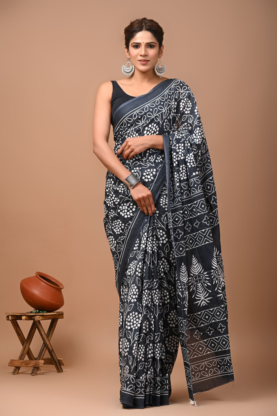 Bagru Block Print Cotton Mulmul Sarees With Running Blouse (CMS0016)