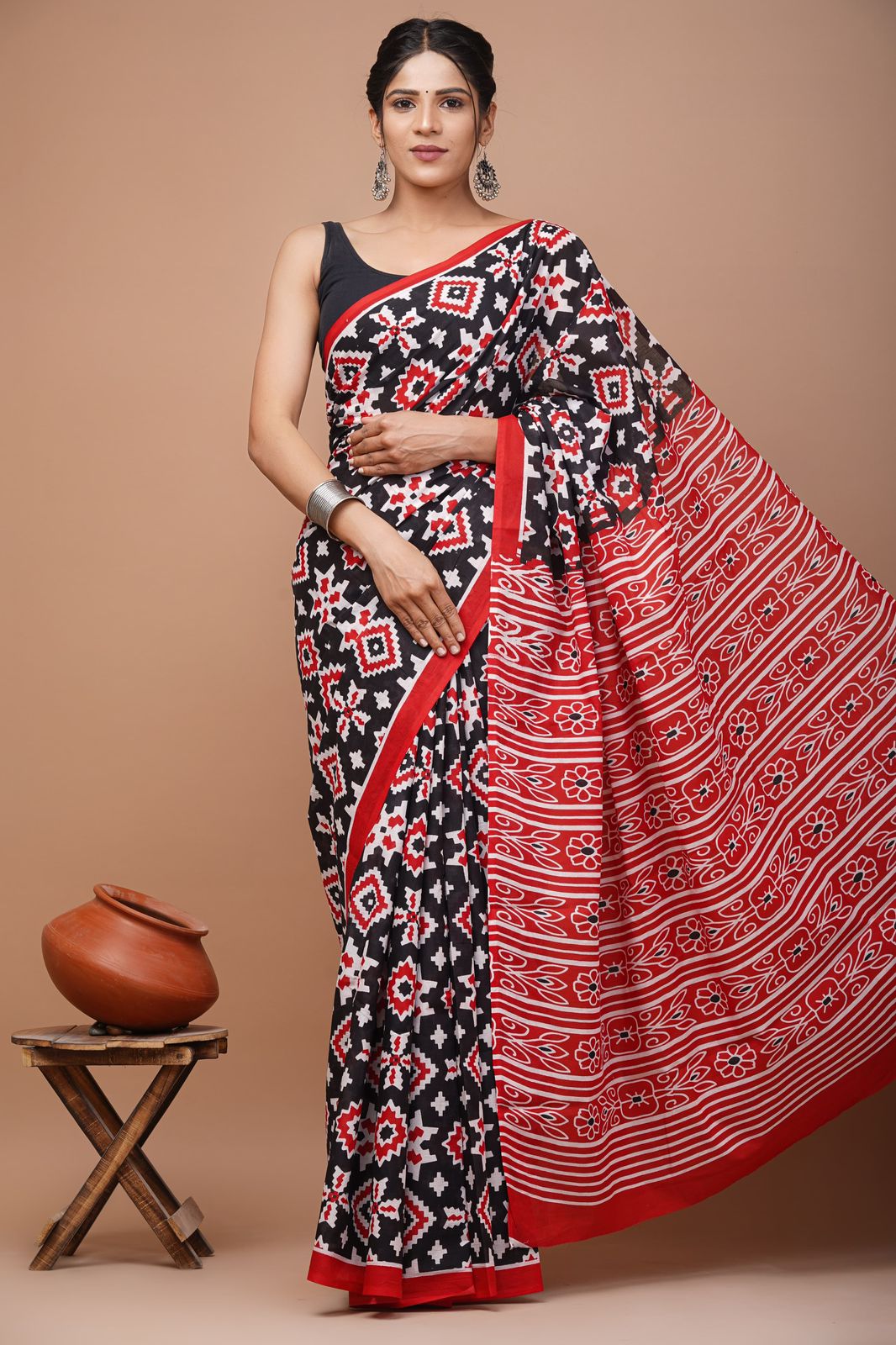 Bagru Block Print Cotton Mulmul Sarees With Running Blouse (CMS0019)