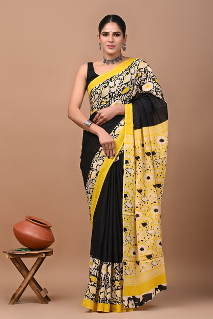 Bagru Block Print Cotton Mulmul Sarees With Running Blouse (CMS0020)