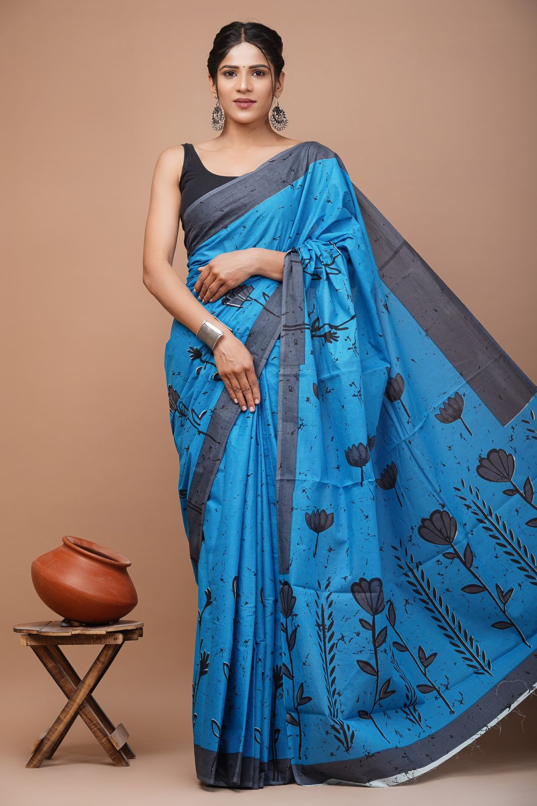 Bagru Block Print Cotton Mulmul Sarees With Running Blouse (CMS0022)