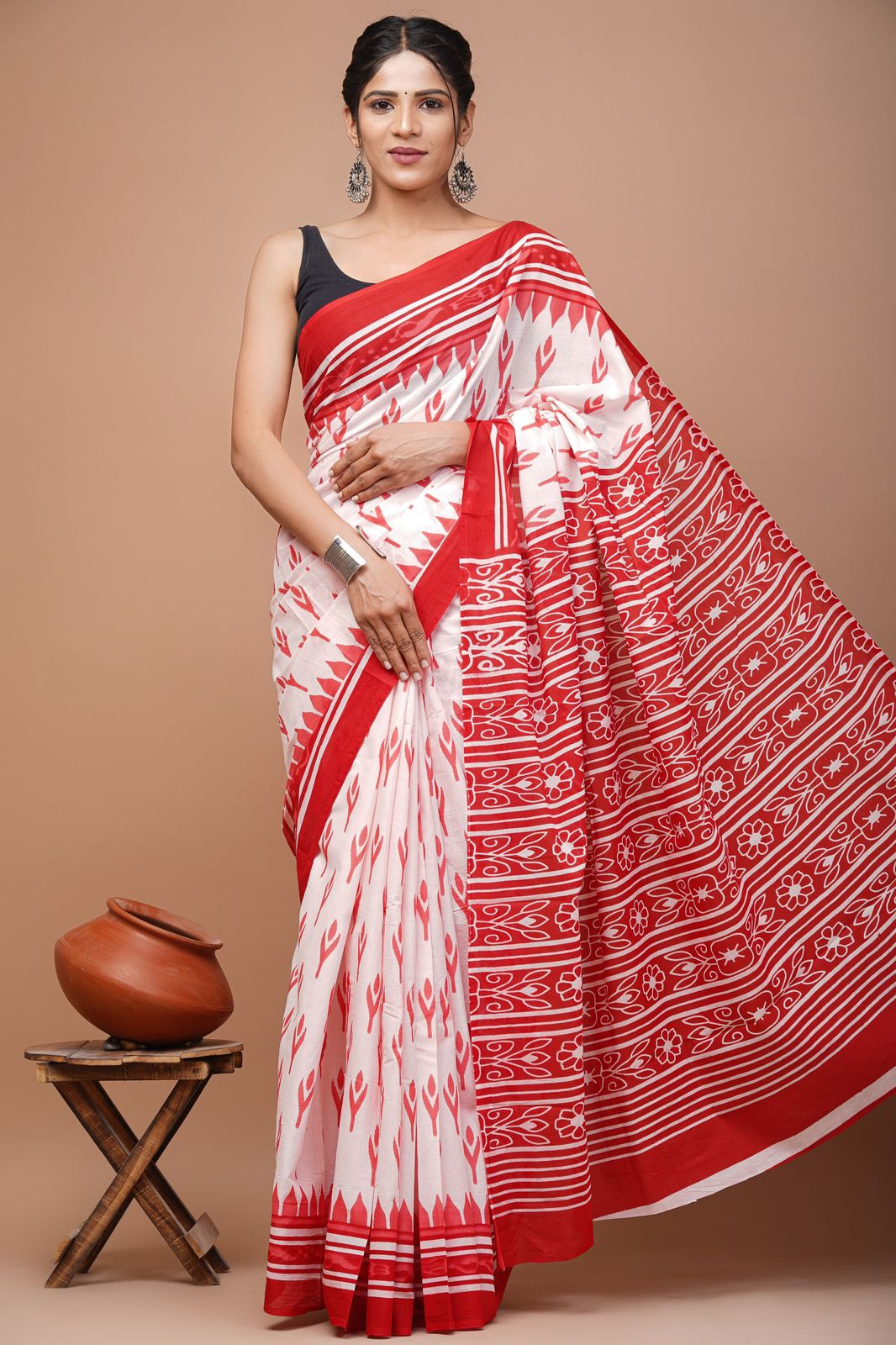 Bagru Block Print Cotton Mulmul Sarees With Running Blouse (CMS0023)