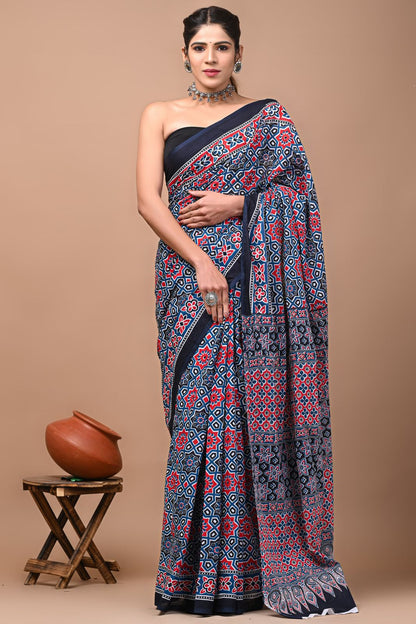 Bagru Block Print Cotton Mulmul Sarees With Running Blouse (CMS0024)