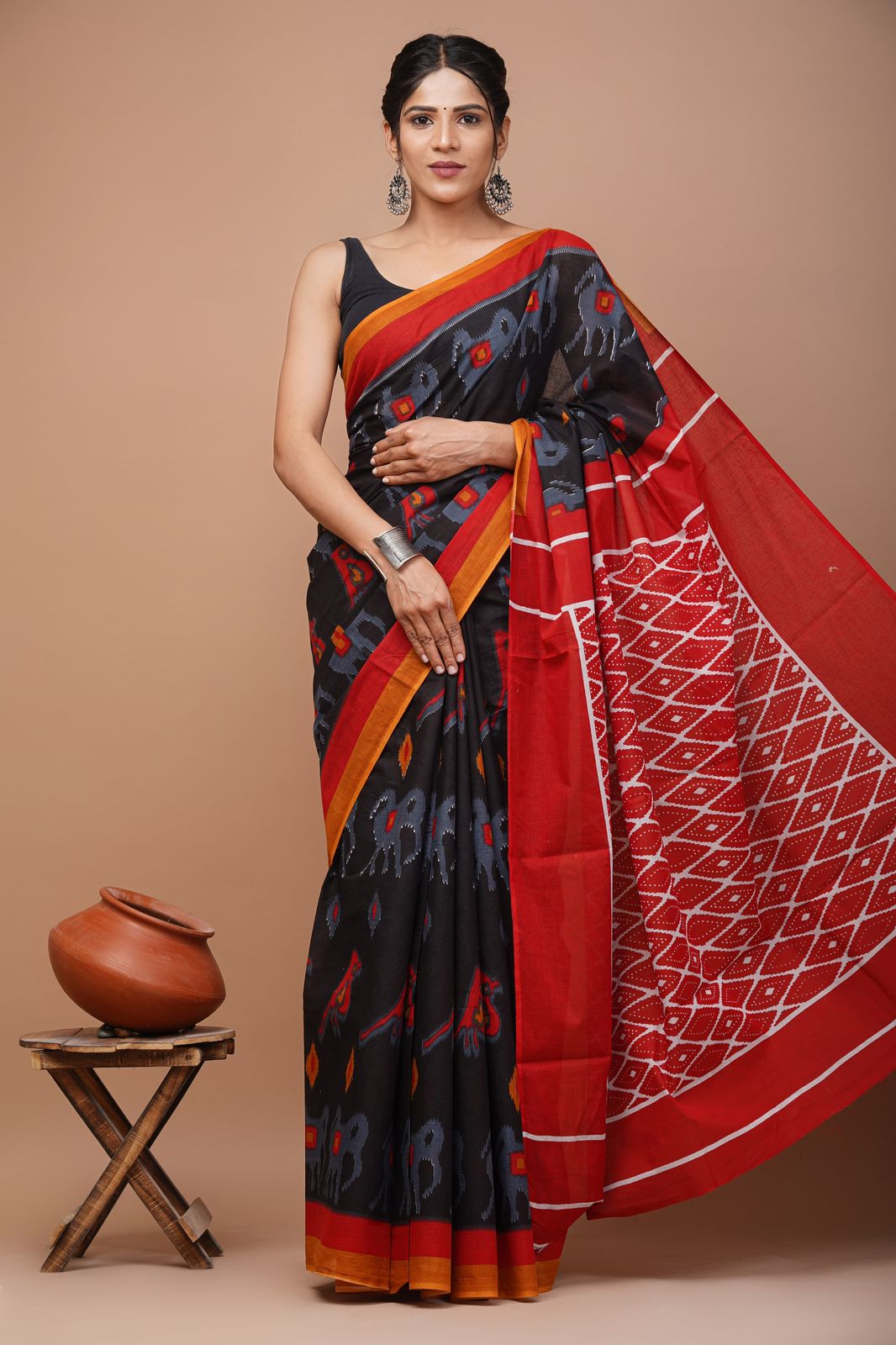 Bagru Block Print Cotton Mulmul Sarees With Running Blouse (CMS0025)