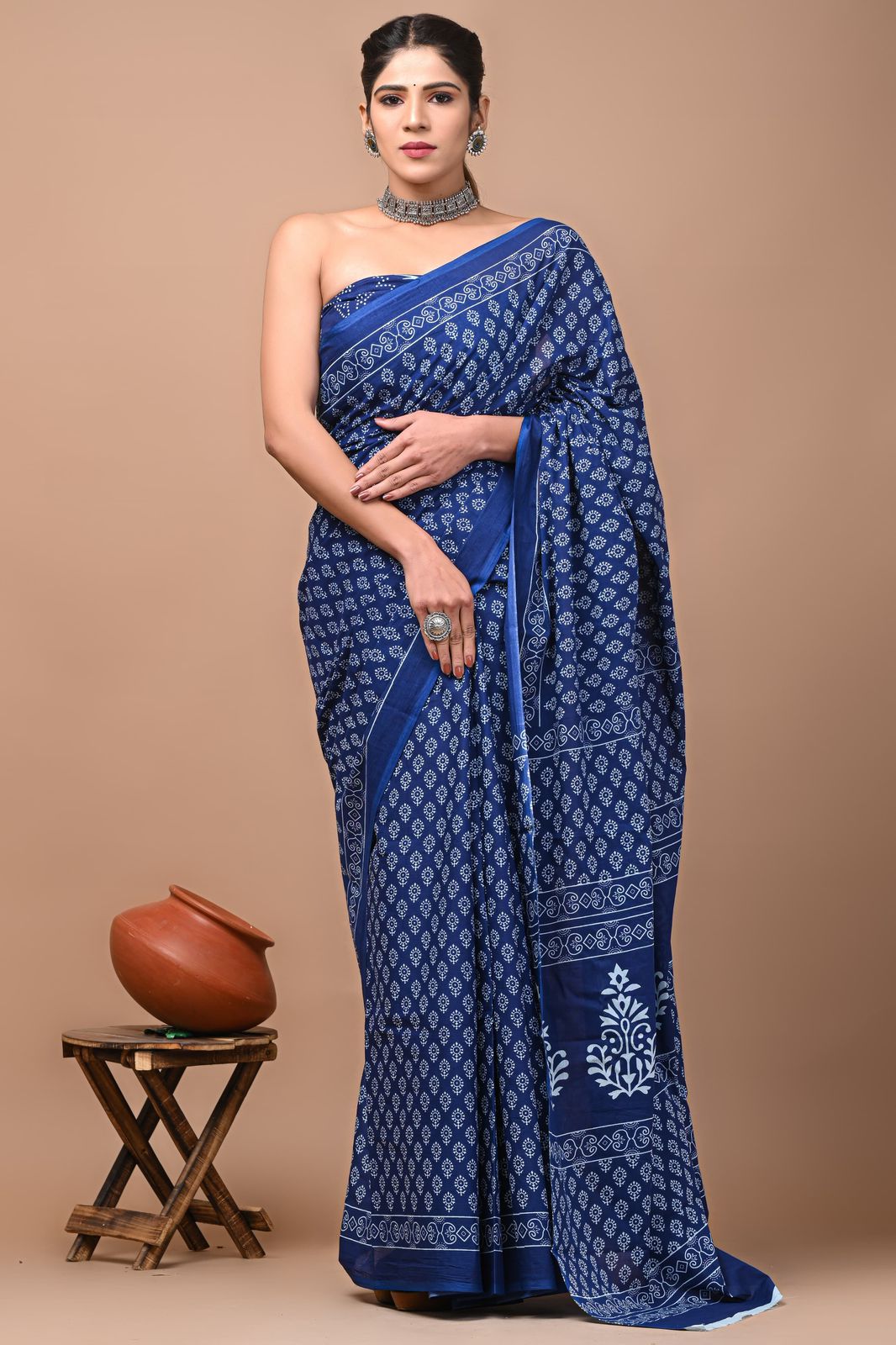 Bagru Block Print Cotton Mulmul Sarees With Running Blouse (CMS0026)