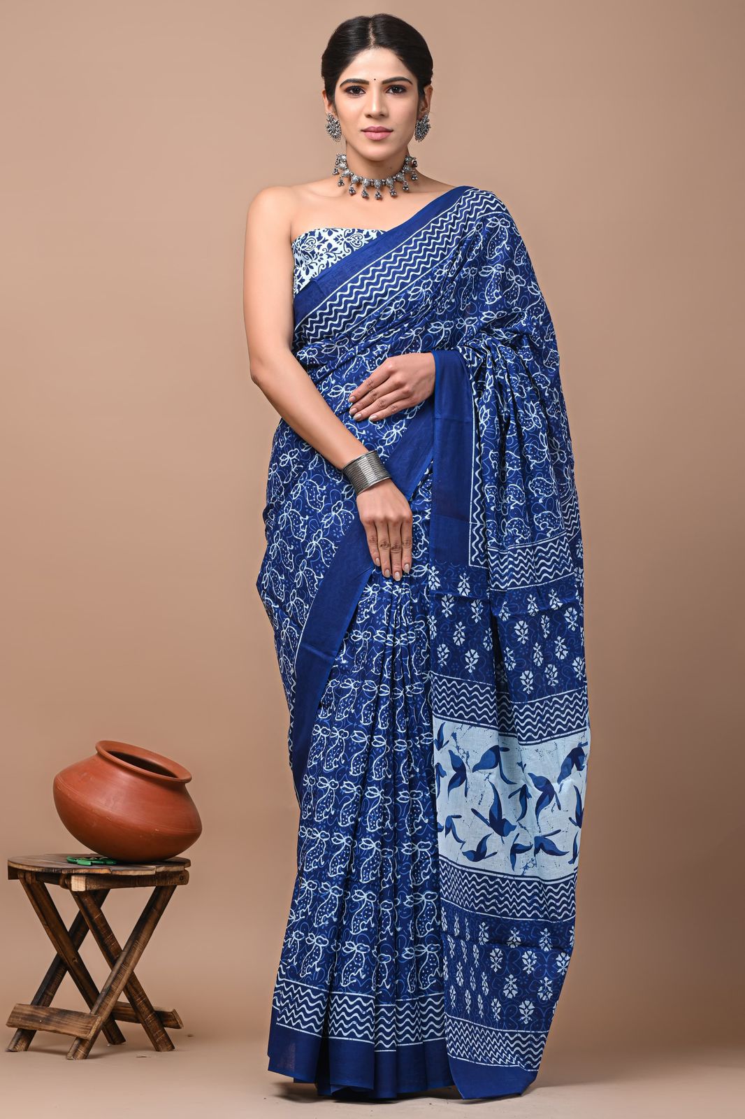 Bagru Block Print Cotton Mulmul Sarees With Running Blouse (CMS0027)