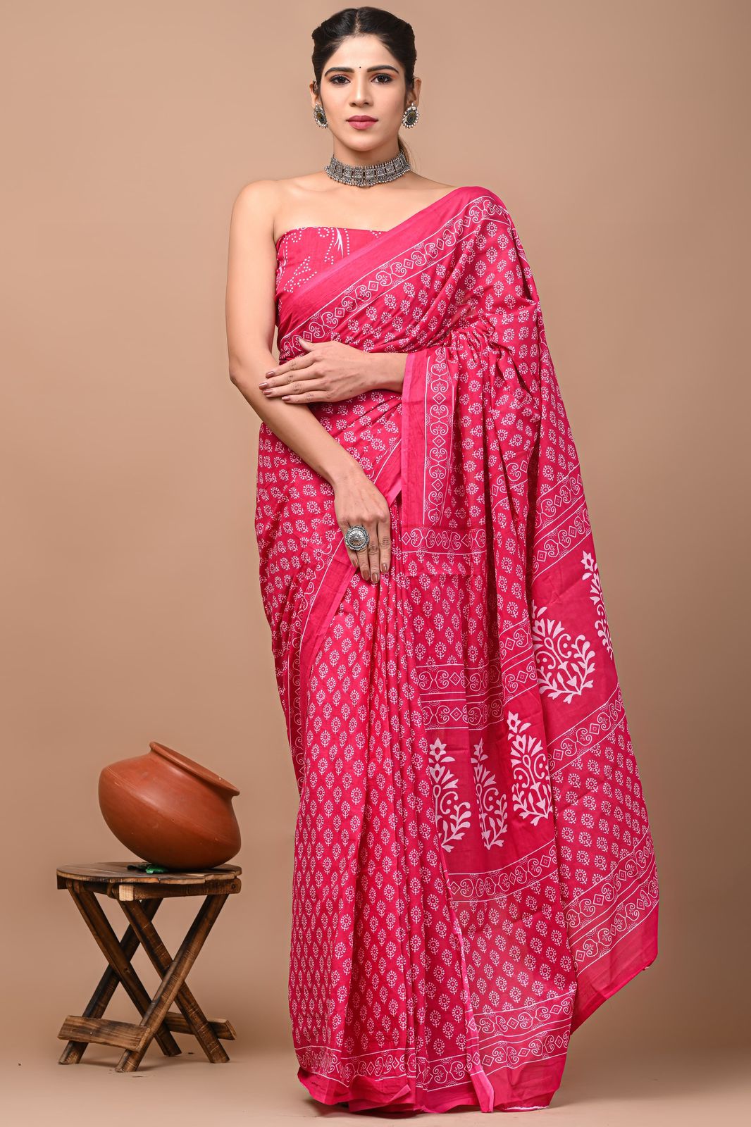 Bagru Block Print Cotton Mulmul Sarees With Running Blouse (CMS0029)