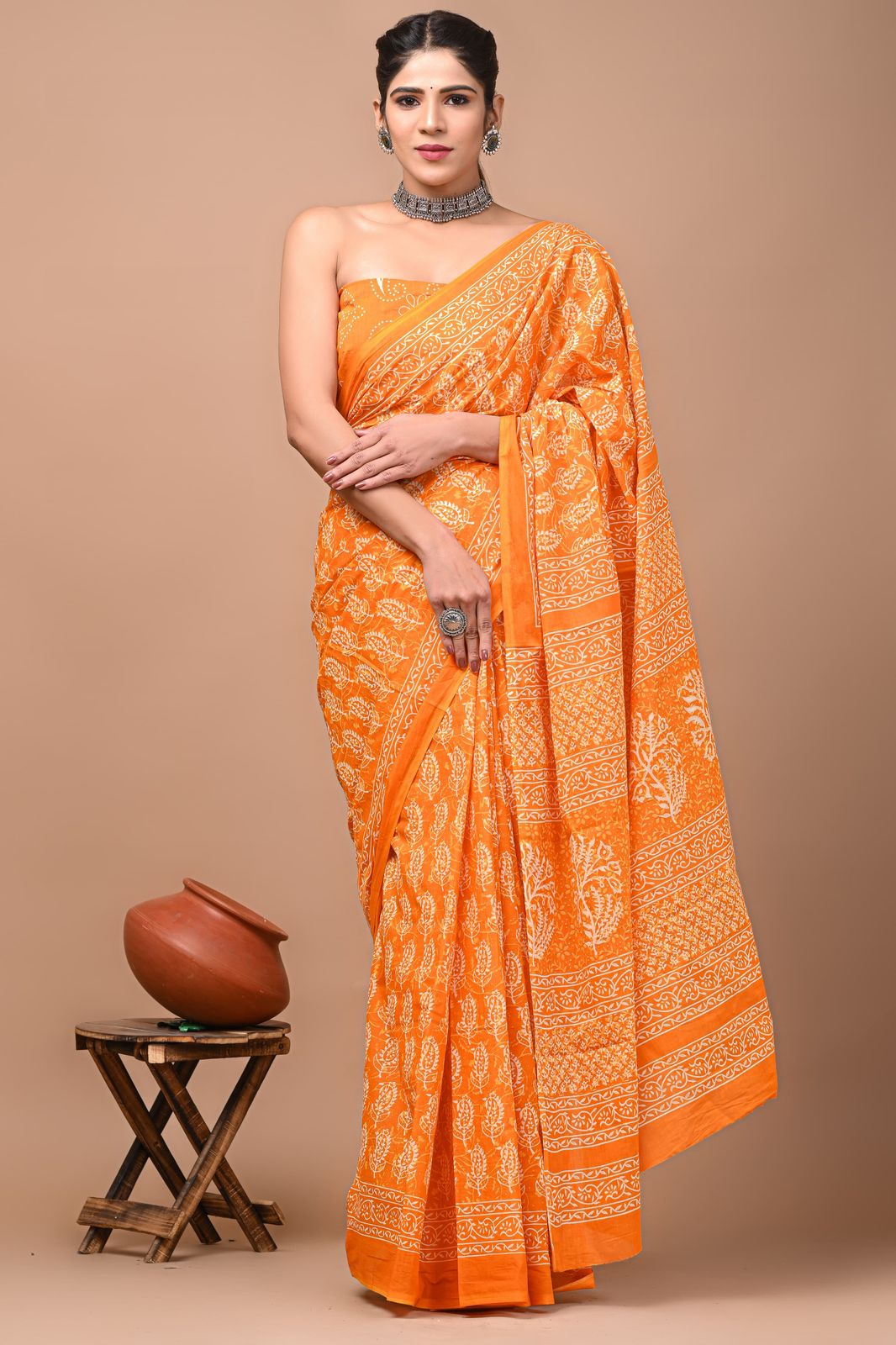 Bagru Block Print Cotton Mulmul Sarees With Running Blouse (CMS0030)