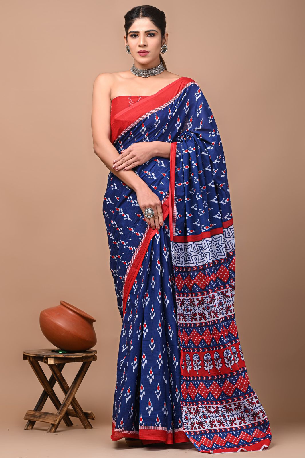 Bagru Block Print Cotton Mulmul Sarees With Running Blouse (CMS0031)