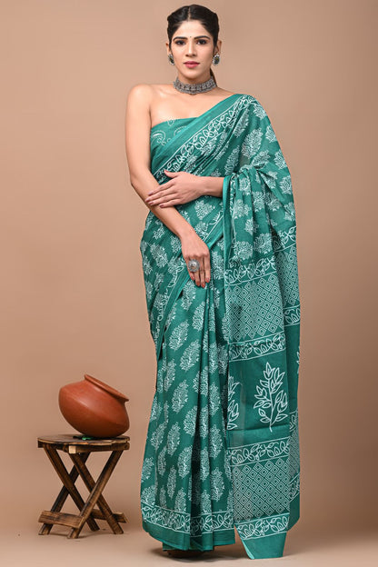 Bagru Block Print Cotton Mulmul Sarees With Running Blouse (CMS0032)