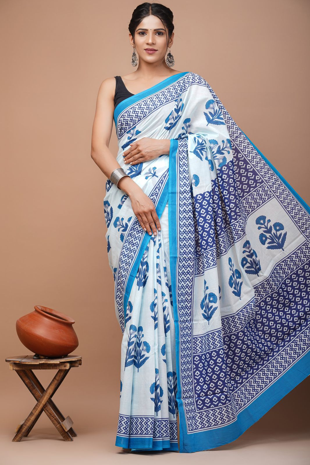 Bagru Block Print Cotton Mulmul Sarees With Running Blouse (CMS0033)