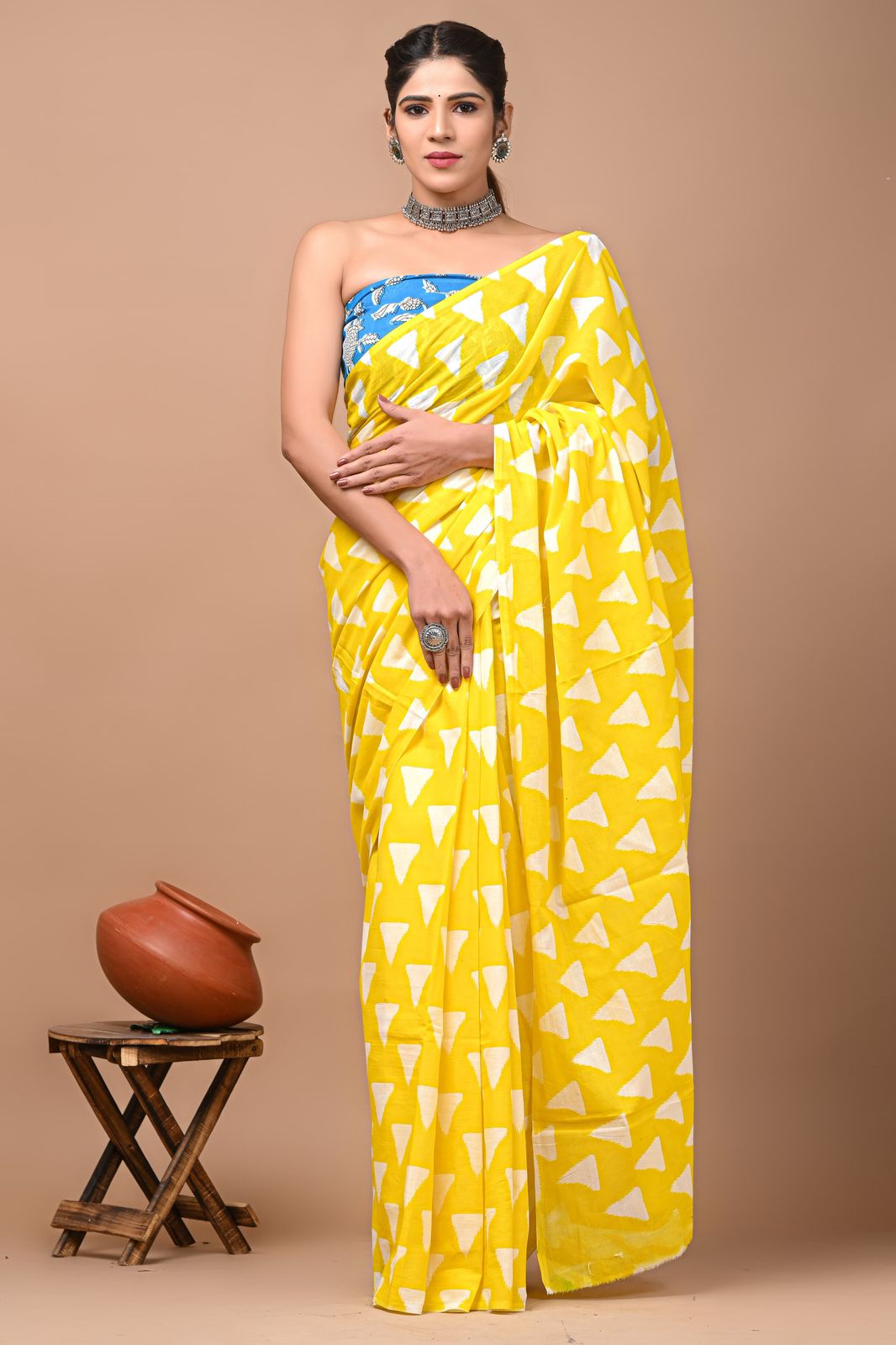 Bagru Block Print Cotton Mulmul Sarees With Running Blouse (CMS0034)