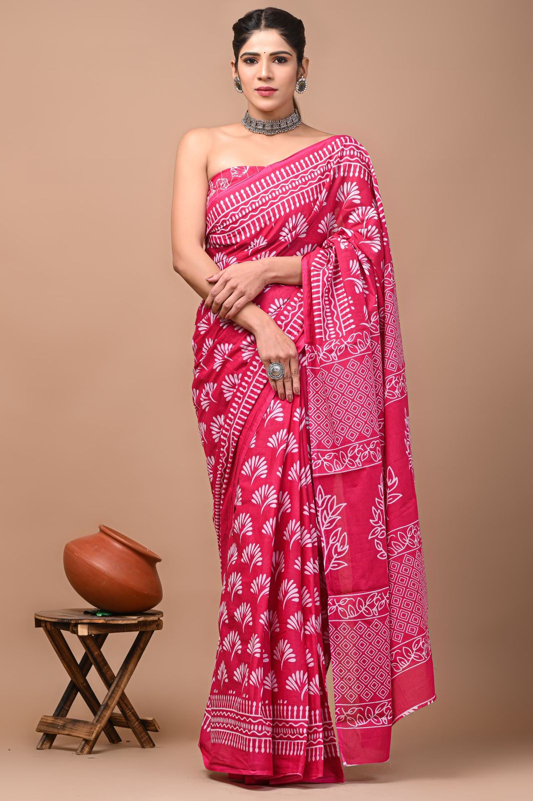 Bagru Block Print Cotton Mulmul Sarees With Running Blouse (CMS0035)