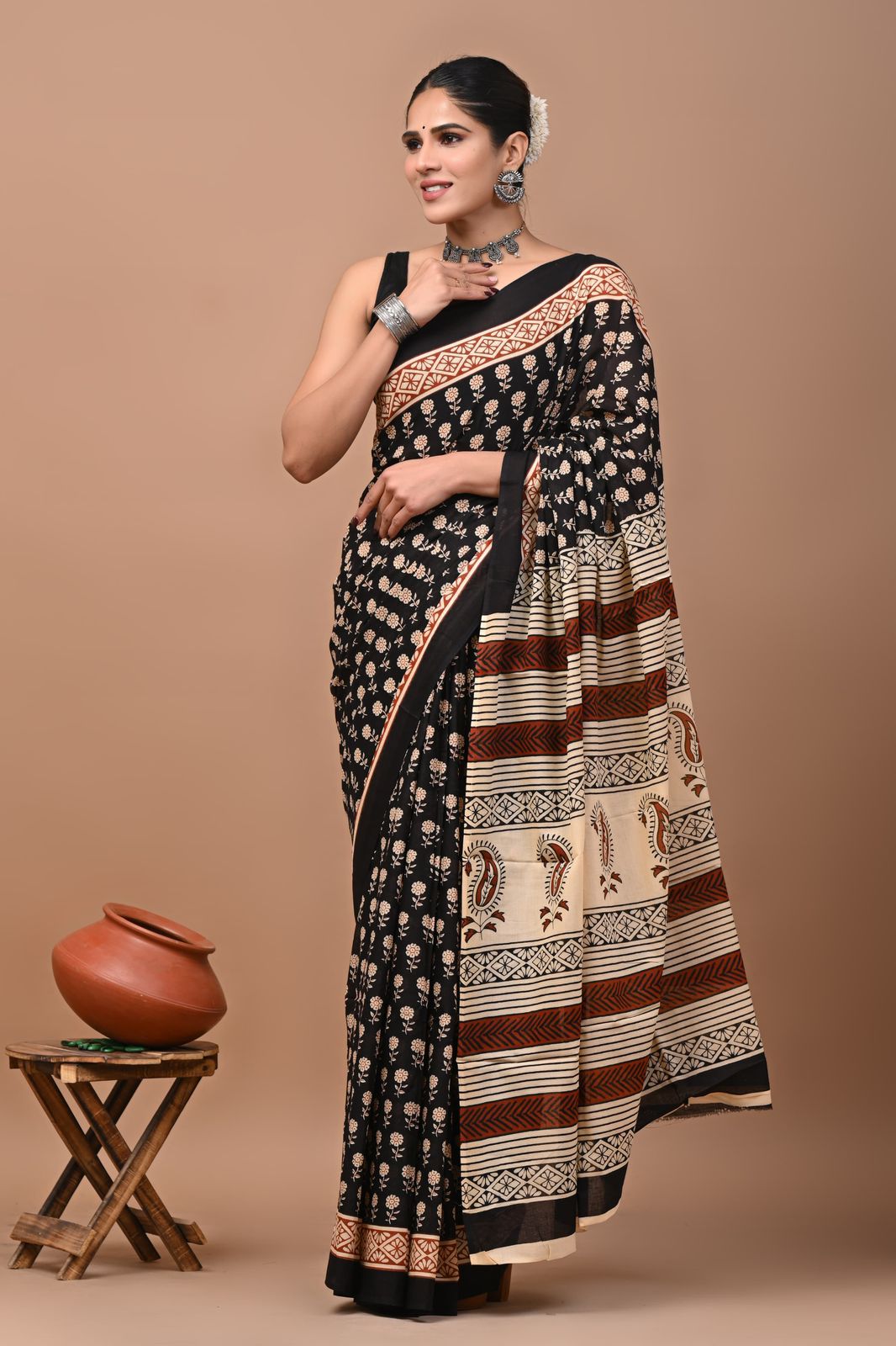 Bagru Block Print Cotton Mulmul Sarees With Running Blouse (CMS0036)