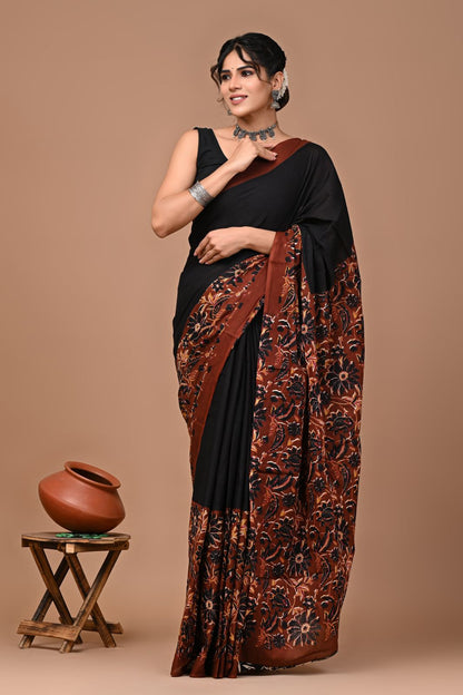 Bagru Block Print Cotton Mulmul Sarees With Running Blouse (CMS0037)