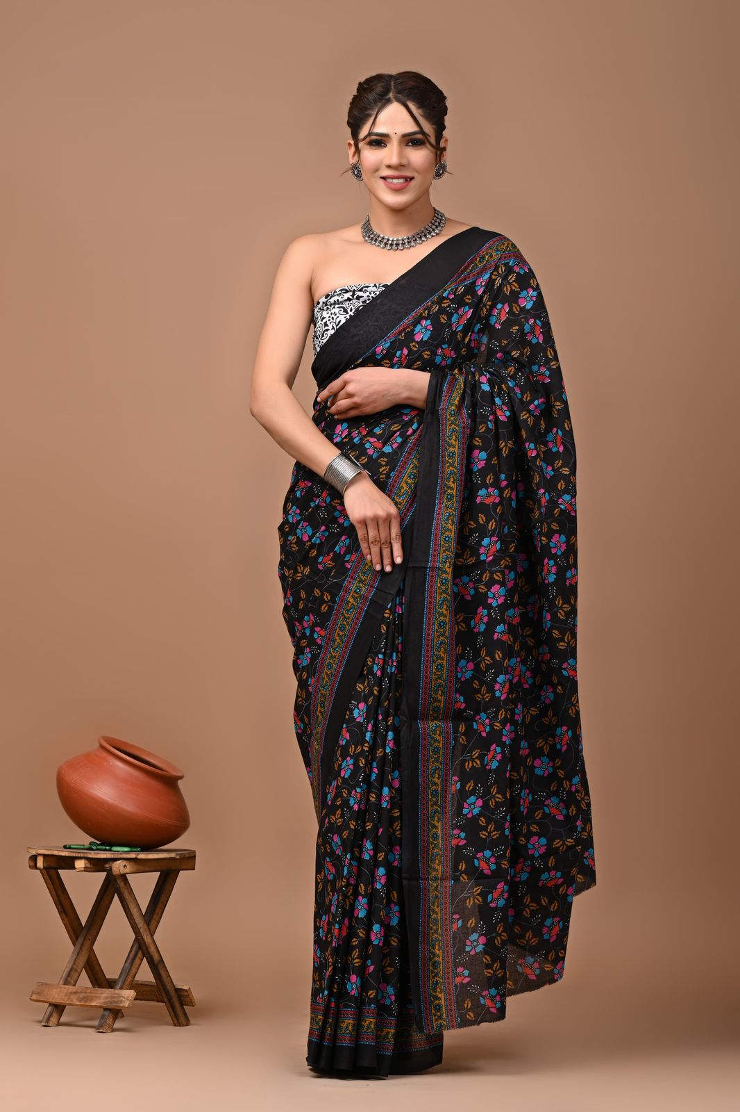 Bagru Block Print Cotton Mulmul Sarees With Running Blouse (CMS0038)