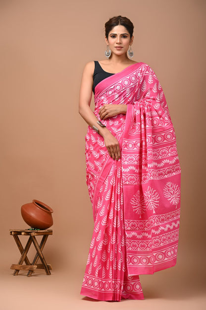 Bagru Block Print Cotton Mulmul Sarees With Running Blouse (CMS0040)