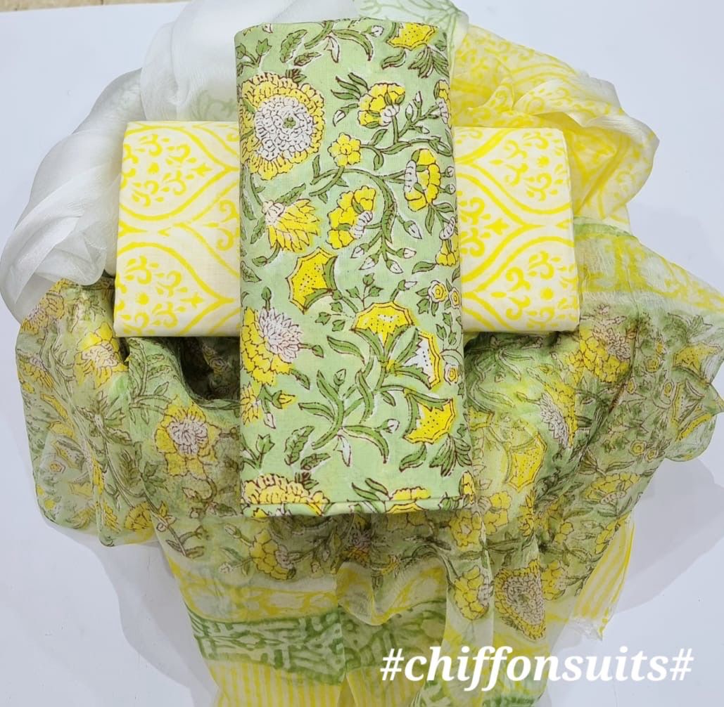 Hand Block Printed Cotton Suit with Chiffon Dupatta (CSCF004)