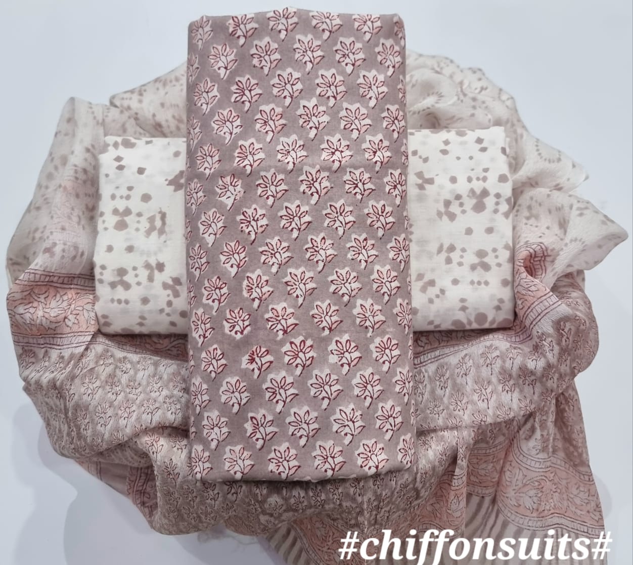 Hand Block Printed Cotton Suit with Chiffon Dupatta (CSCF016)