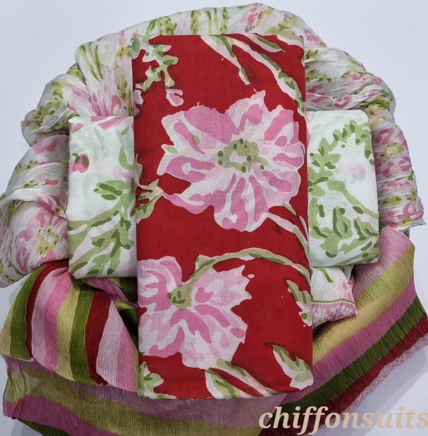Hand Block Printed Cotton Suit with Chiffon Dupatta (CSCF012)