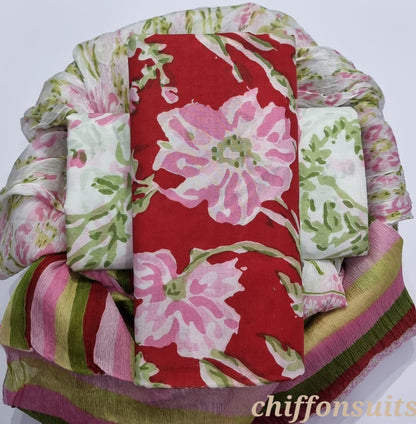 Hand Block Printed Cotton Suit with Chiffon Dupatta (CSCF012)