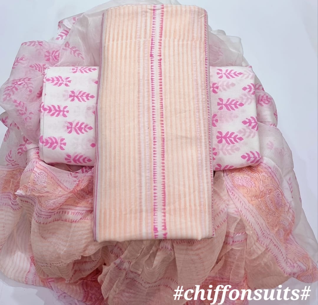 Hand Block Printed Cotton Suit with Chiffon Dupatta (CSCF006)