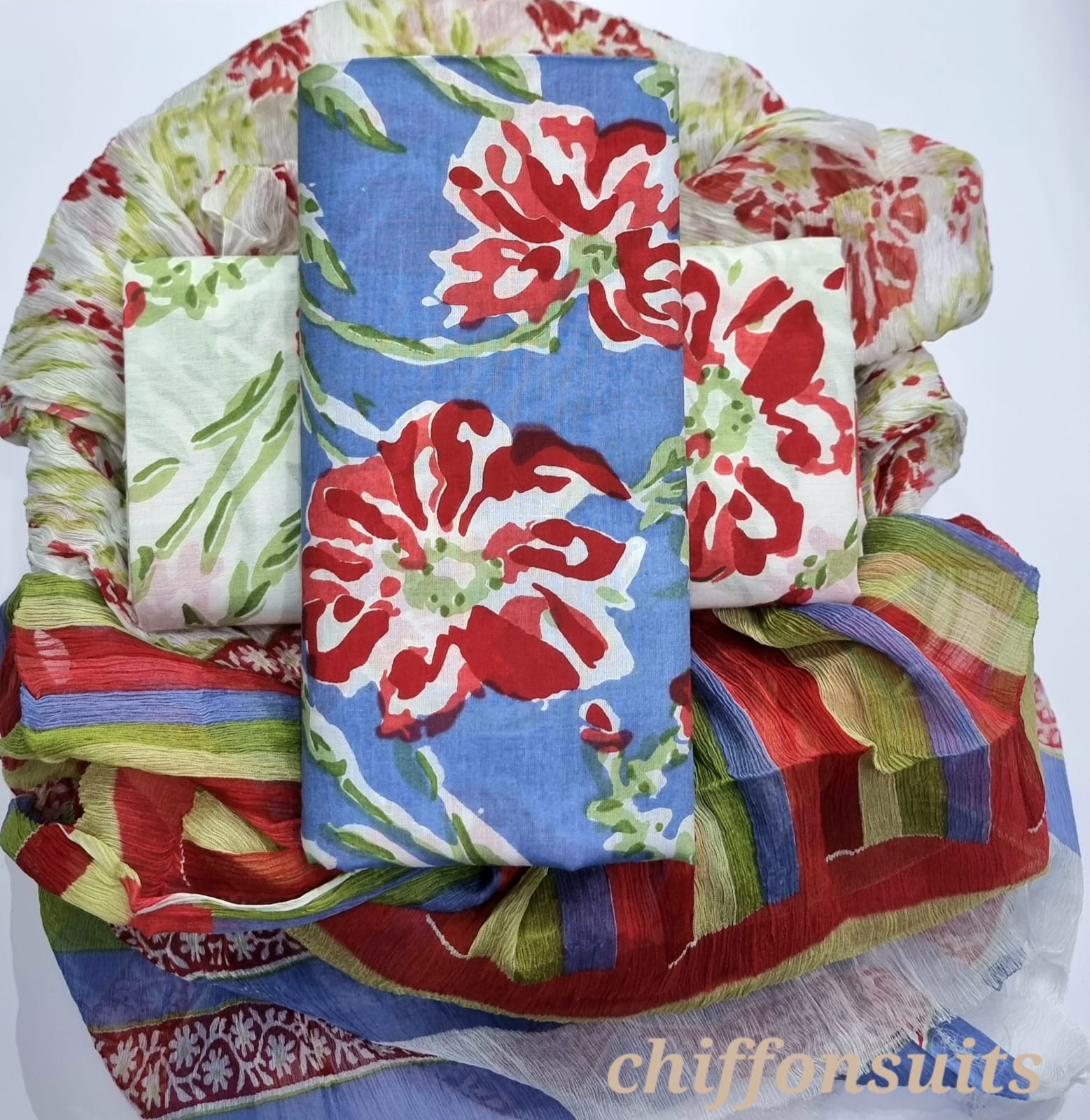 Hand Block Printed Cotton Suit with Chiffon Dupatta (CSCF010)