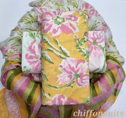 Hand Block Printed Cotton Suit with Chiffon Dupatta (CSCF011)