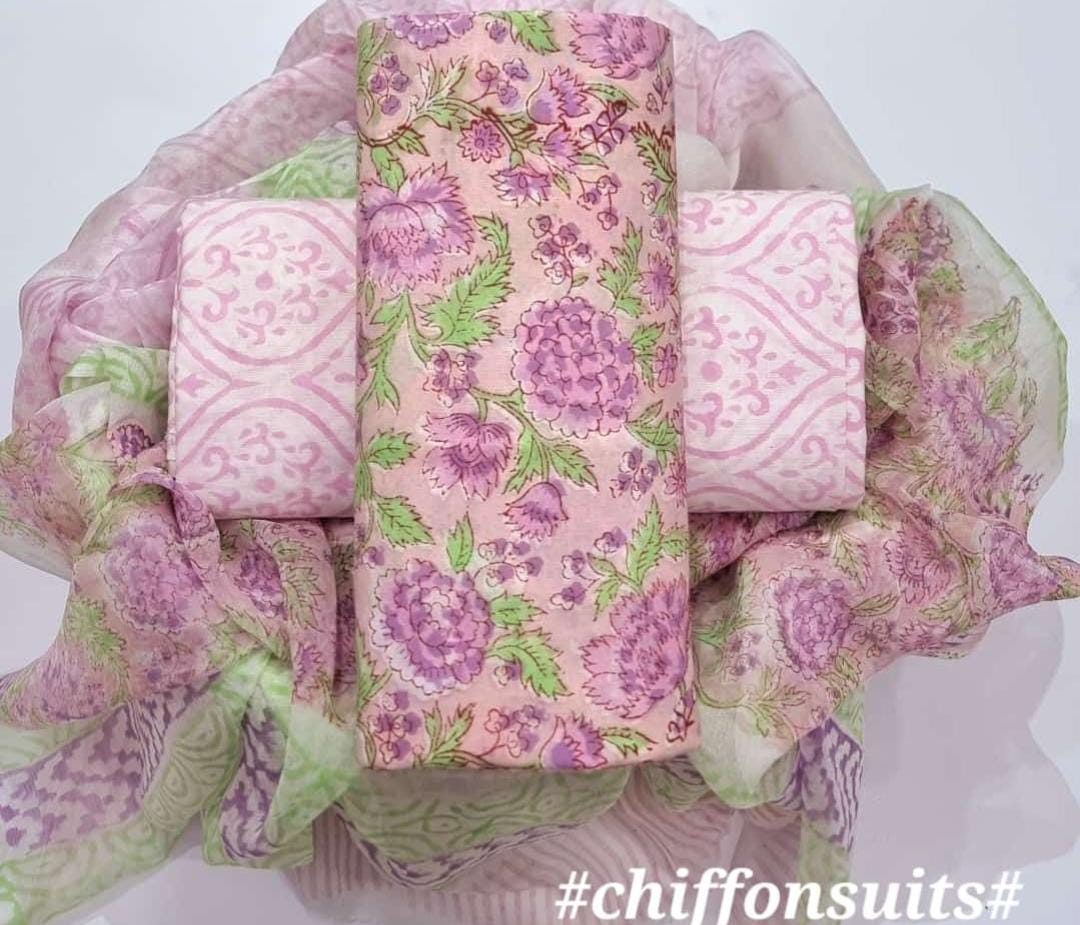 Hand Block Printed Cotton Suit with Chiffon Dupatta (CSCF003)