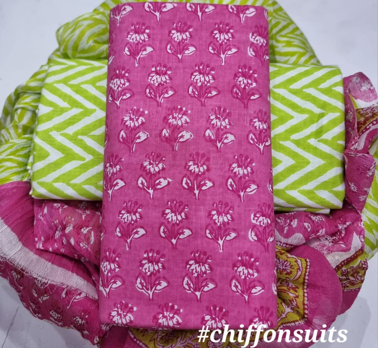 Hand Block Printed Cotton Suit with Chiffon Dupatta (CSCF008)