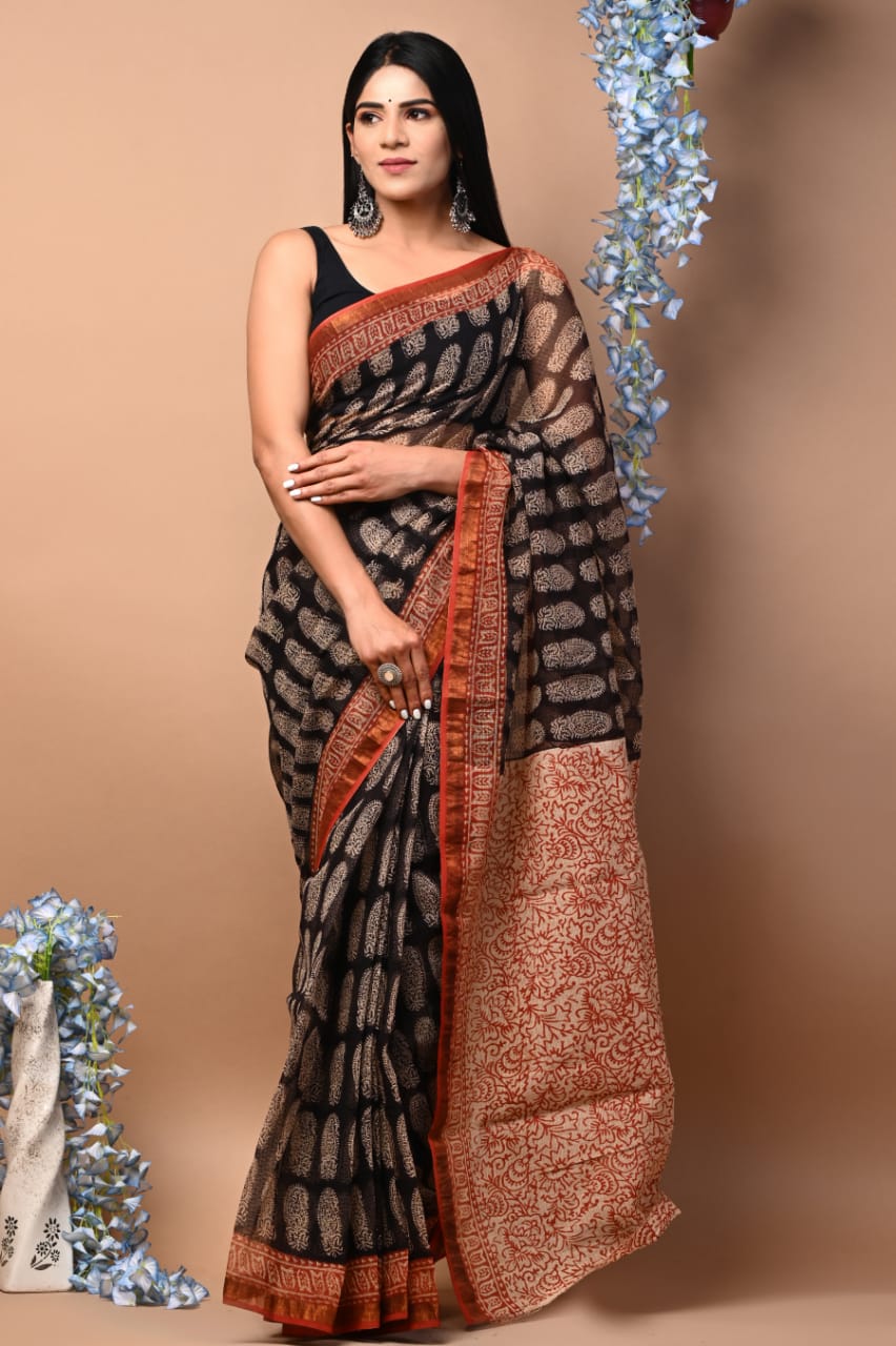 Colourful Hand block Printed Kota Doria Sarees with Blouse (KDS001)