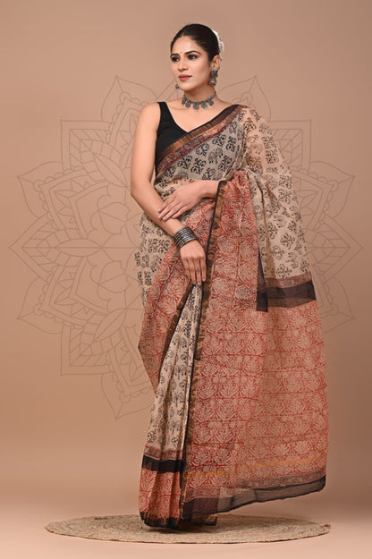 Colourful Hand block Printed Kota Doria Sarees with Blouse (KDS010)