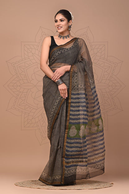 Colourful Hand block Printed Kota Doria Sarees with Blouse (KDS011)