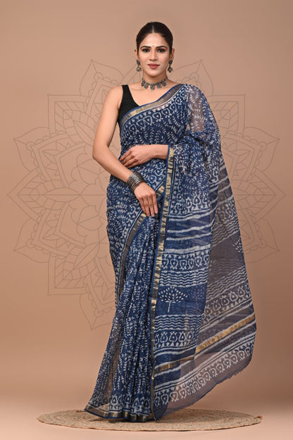 Colourful Hand block Printed Kota Doria Sarees with Blouse (KDS014)