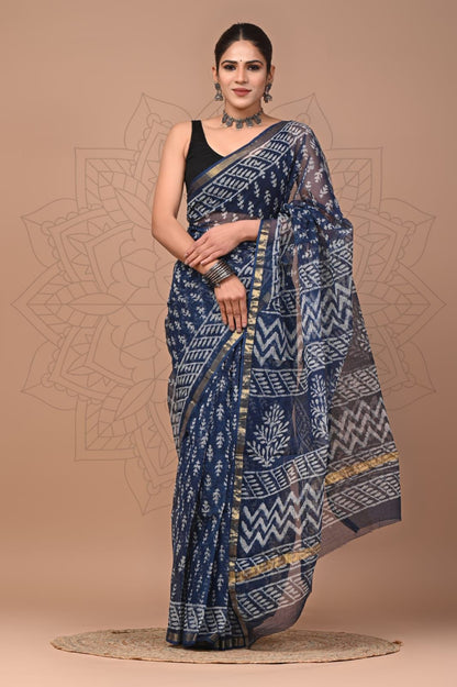 Colourful Hand block Printed Kota Doria Sarees with Blouse (KDS015)